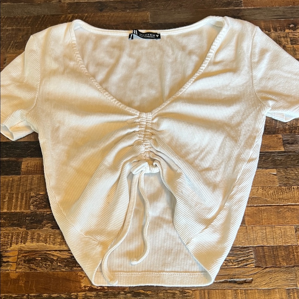Zara Cream Ribbed V-Neck Cinch Front Crop Top